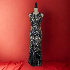 Retro Stage Black & Gold Sequin Art Deco Gown | Open Back Formal Dress